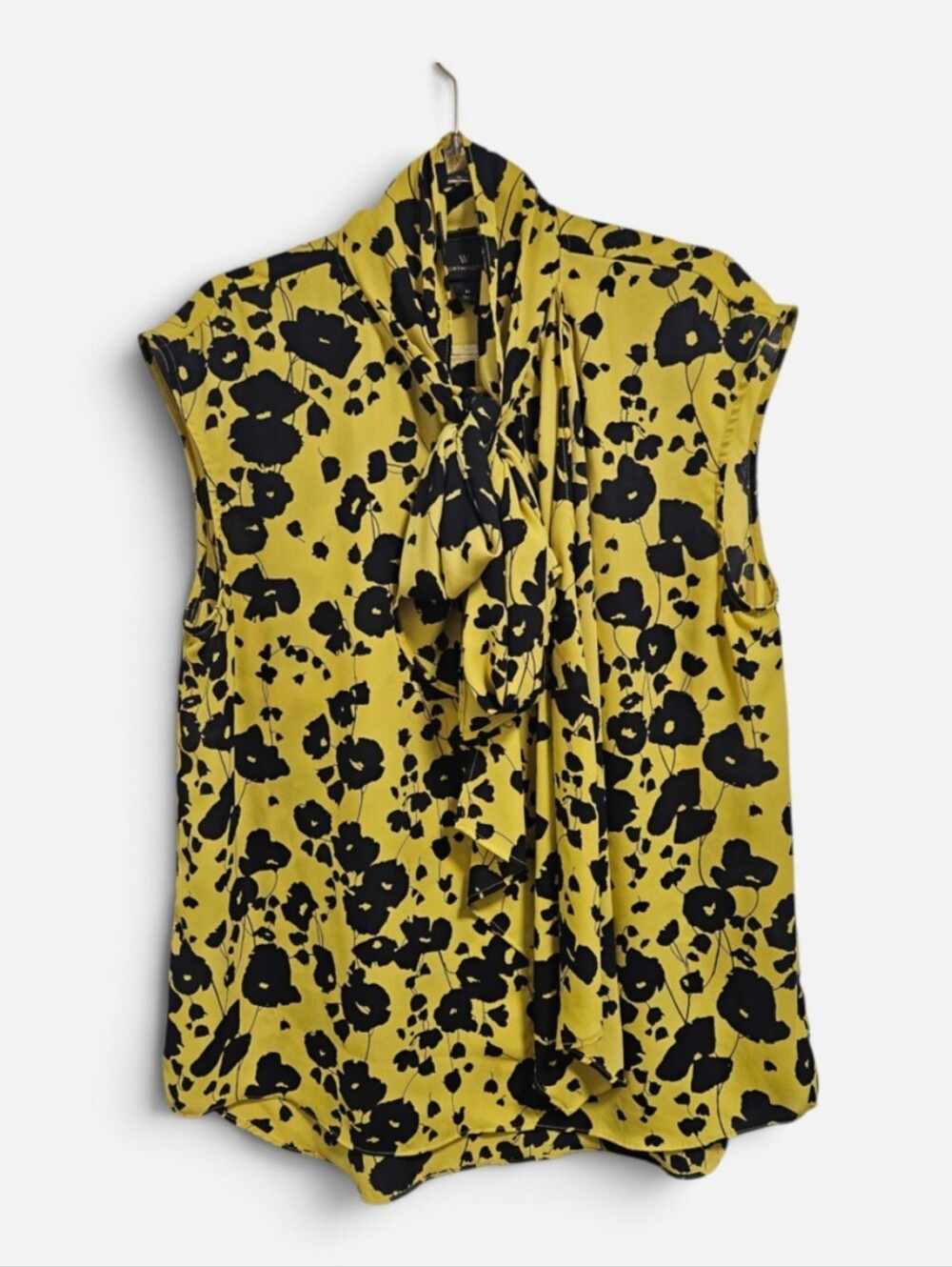 Worthington Yellow Black Floral Print Tie Neck Blouse Dark Academia Office Med